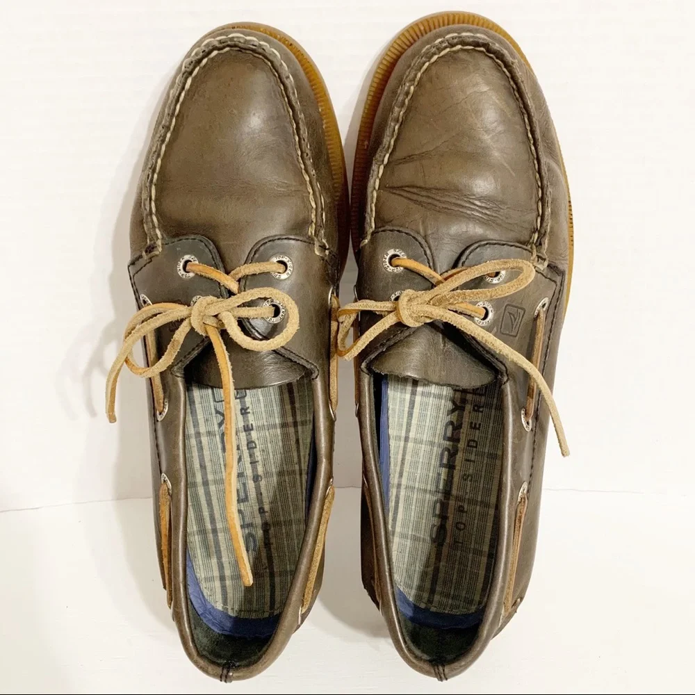 Sperry Classic Topsider Leather 2-Eye Lace Up Leather Laces Boat Shoes Brown 🟫